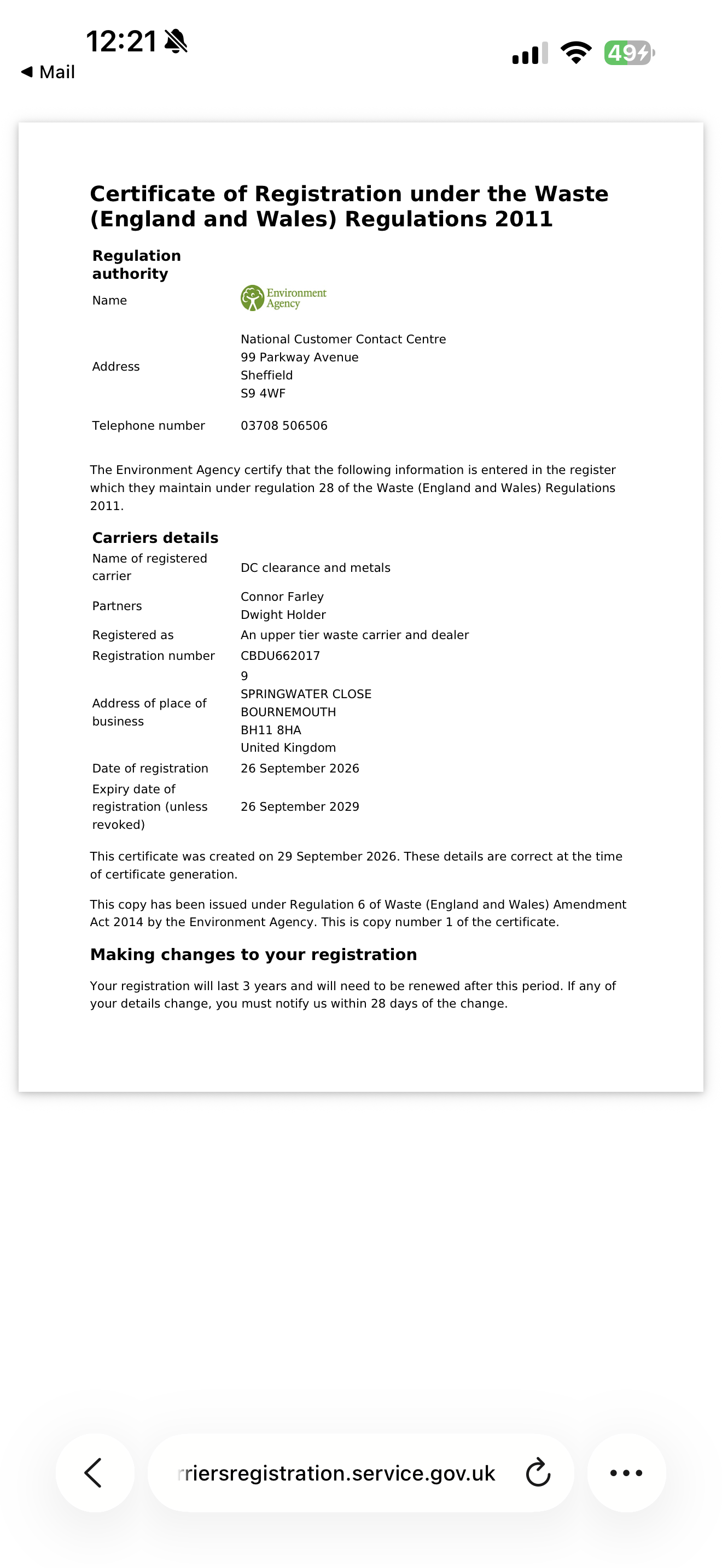 Environment Agency certificate of registration for DC clearance and metals, number CBDU662017, expiring 26 September 2029